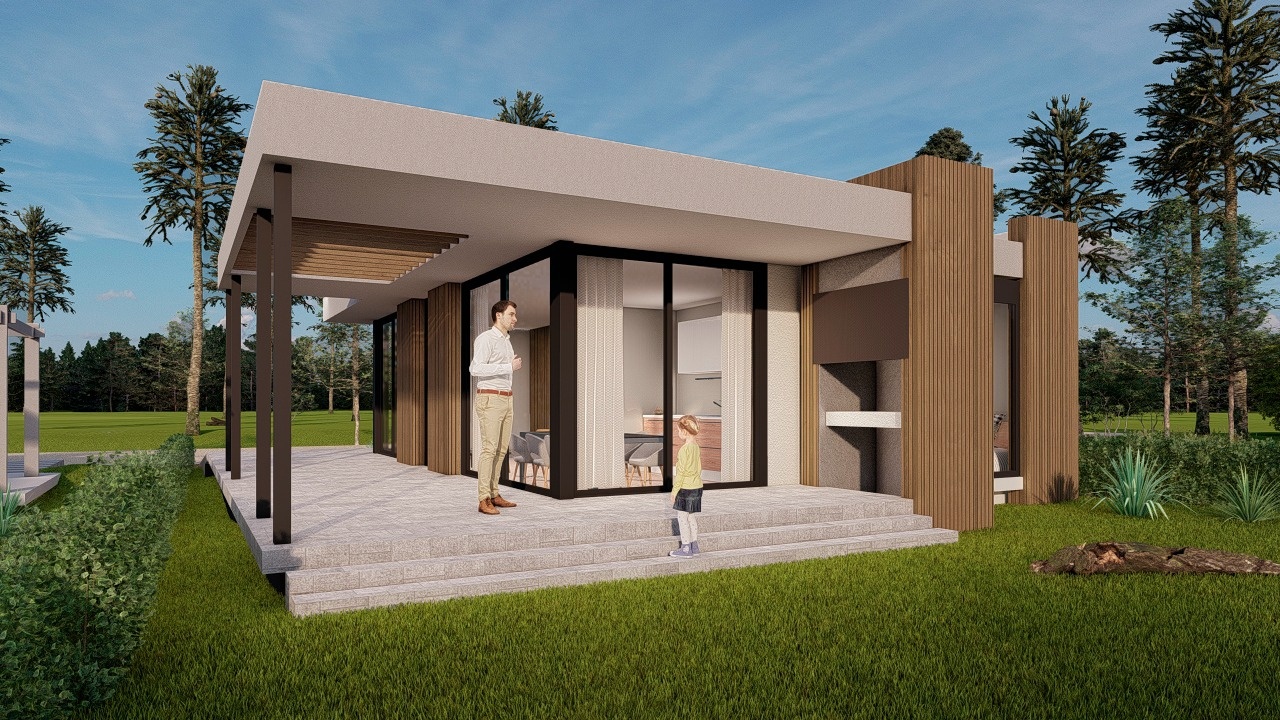 Visualización arquitectónica de vivienda con galería, ventanales y revestimiento de madera