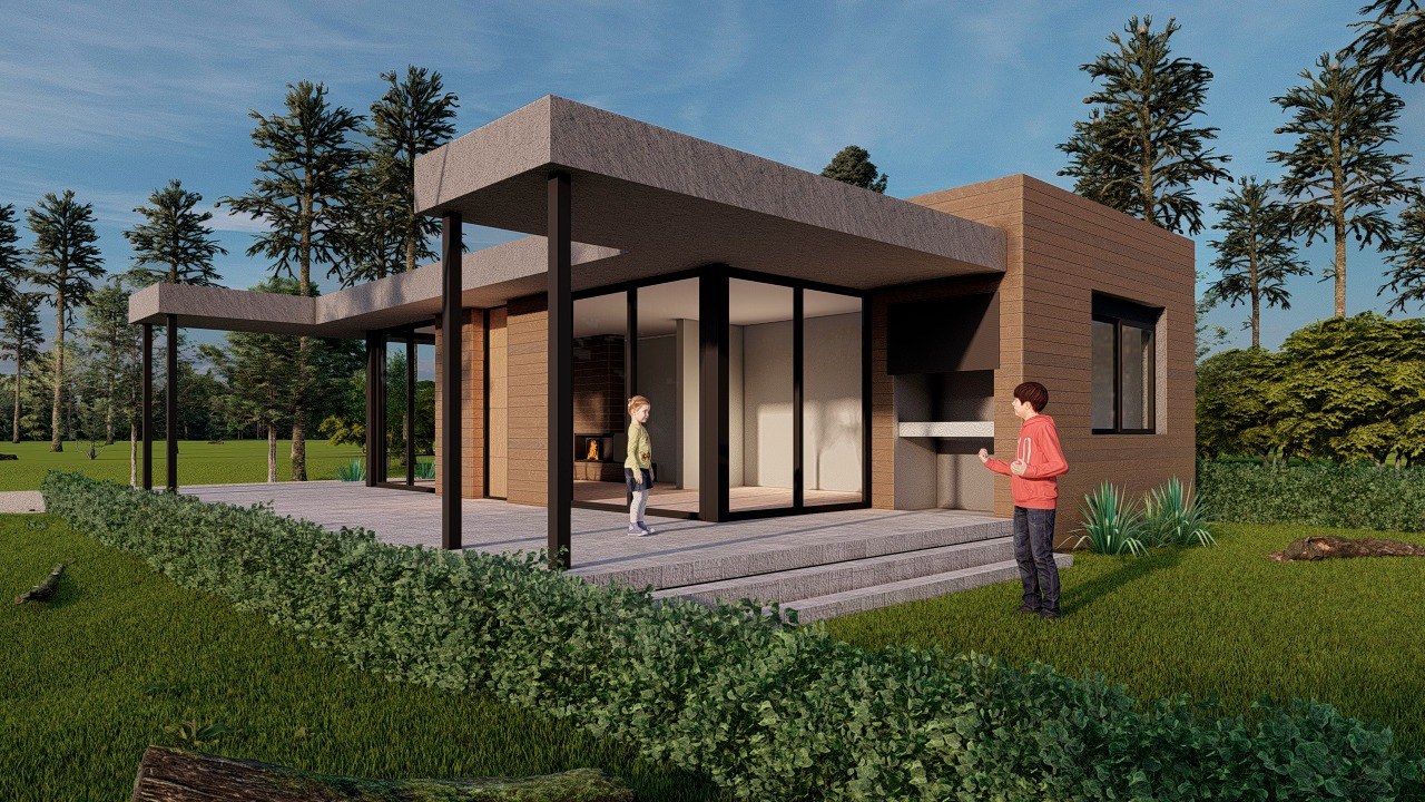 Vivienda · galería y revestimiento WPC — Render